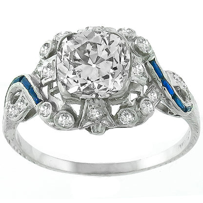 Art Deco 2.19ct Old Mine Cut Diamond And Sapphire Platinum Engagement Ring