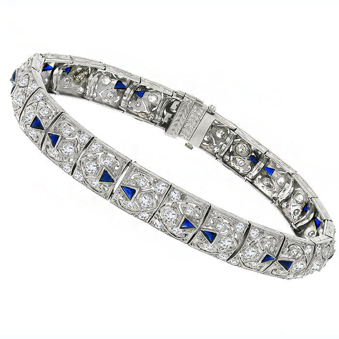 Antique Art Deco 4.00ct Old Mine Cut Diamond Sapphire Platinum Bracelet