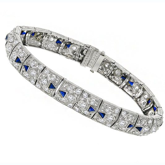 Antique Art Deco 4.00ct Old Mine Cut Diamond Sapphire Platinum Bracelet