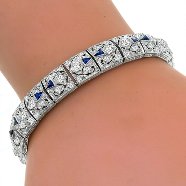 Antique Art Deco 4.00ct Old Mine Cut Diamond Sapphire Platinum Bracelet