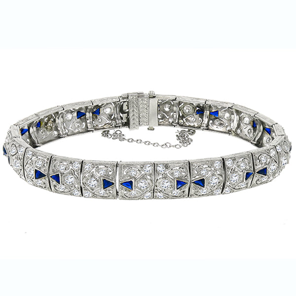 Antique Art Deco 4.00ct Old Mine Cut Diamond Sapphire Platinum Bracelet