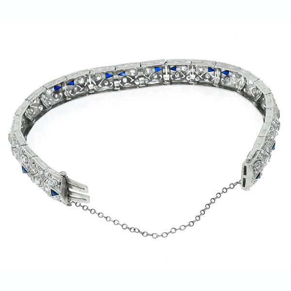 Antique Art Deco 4.00ct Old Mine Cut Diamond Sapphire Platinum Bracelet