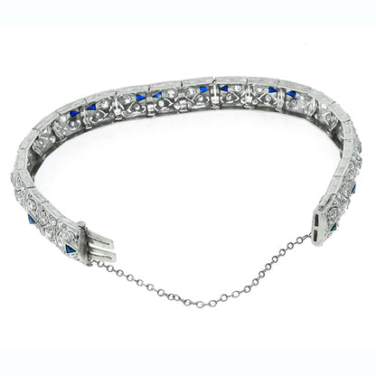 Antique Art Deco 4.00ct Old Mine Cut Diamond Sapphire Platinum Bracelet