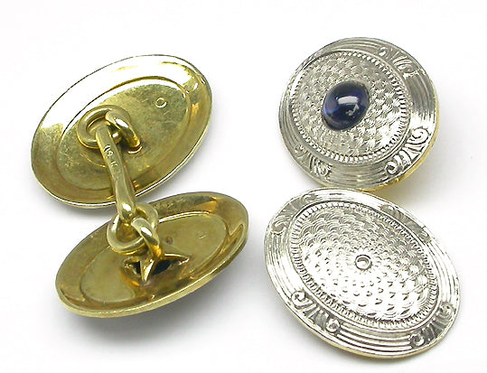 Antique Cabochon Sapphire Platinum & 14k Yellow Gold Cufflinks