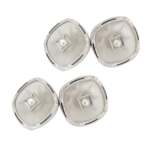 Antique Carved Crystal  & Seed Pearl Enamel Gold Cufflinks