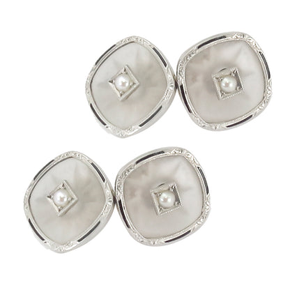 Antique Carved Crystal  & Seed Pearl Enamel Gold Cufflinks