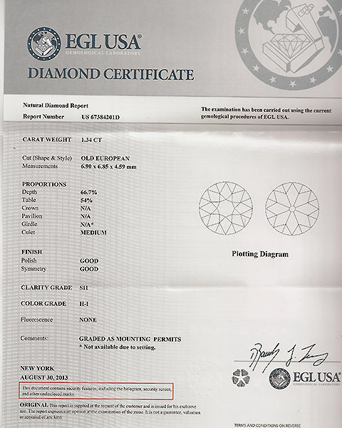 Antique EGL Certified 1.34ct  Old European Cut Diamond Engagement Ring