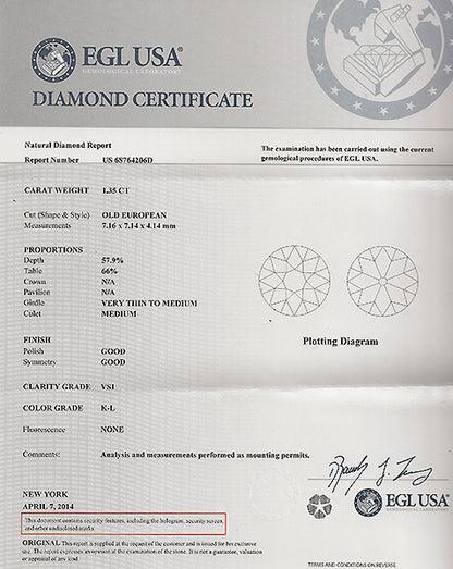 Antique EGL Certified 1.35ct Diamond Engagement Ring