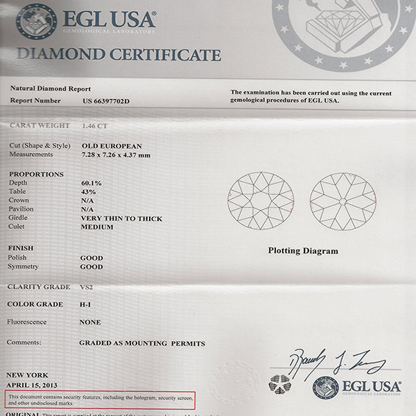 Antique EGL Certified 1.46ct Diamond Engagement Ring