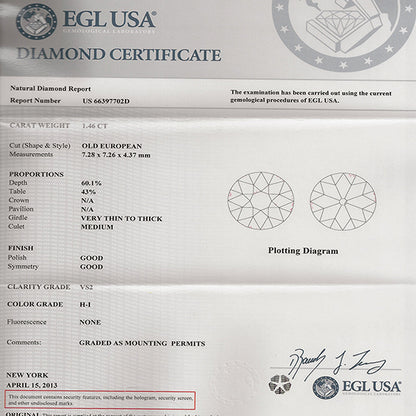 Antique EGL Certified 1.46ct Diamond Engagement Ring