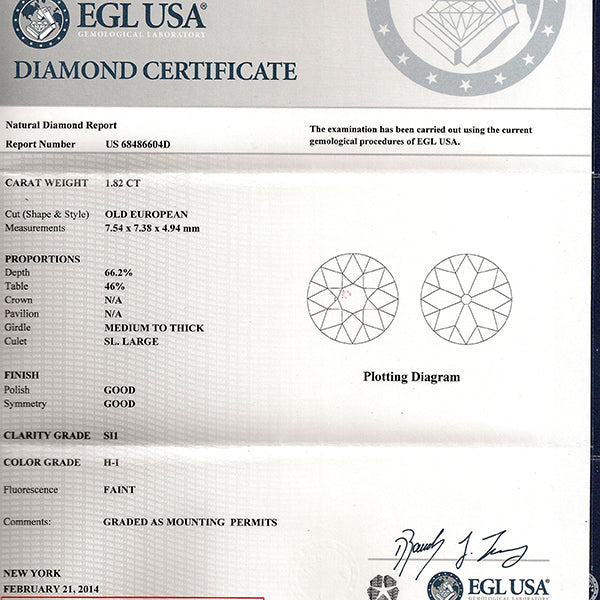 Antique EGL Certified  1.82ct Diamond Engagement Ring