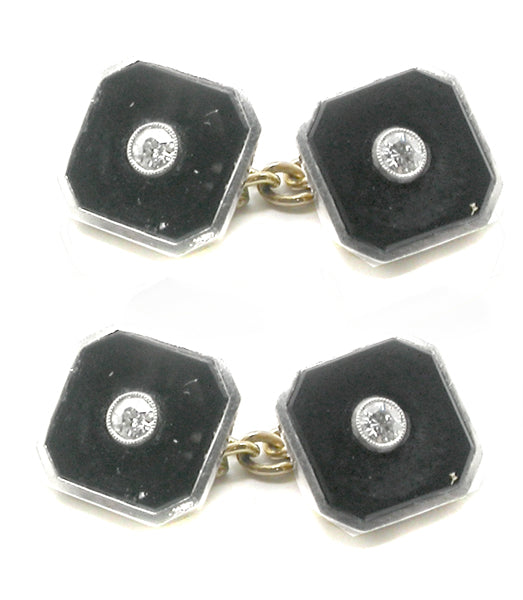 Antique English 9k  Yellow  18k White Gold Diamond Onyx Cufflinks