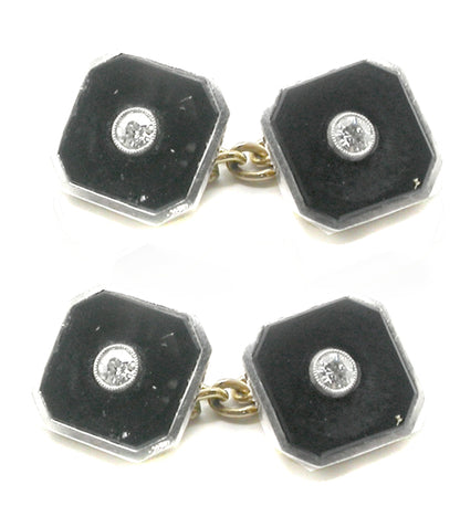Antique English 9k  Yellow  18k White Gold Diamond Onyx Cufflinks
