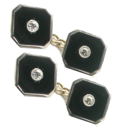 Antique English 9k  Yellow  18k White Gold Diamond Onyx Cufflinks