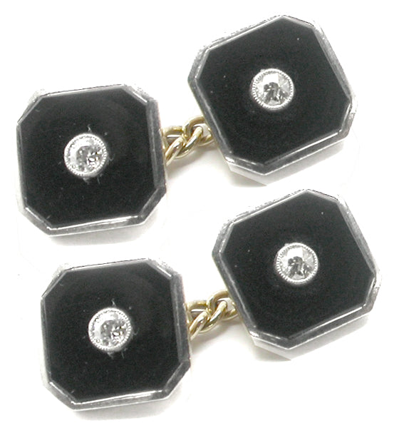 Antique English 9k  Yellow  18k White Gold Diamond Onyx Cufflinks