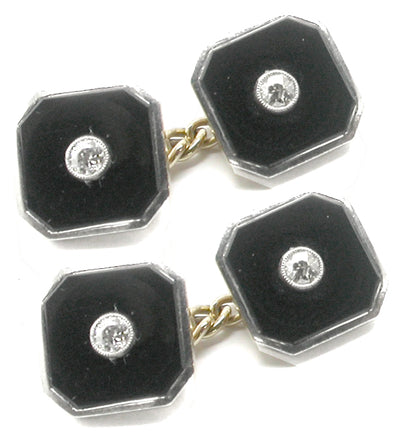 Antique English 9k  Yellow  18k White Gold Diamond Onyx Cufflinks