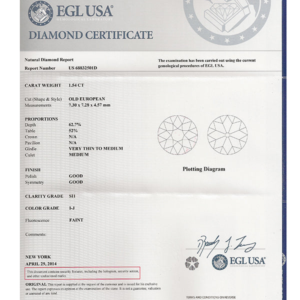 Antique Estate EGL Certified 1.54ct  Diamond Platinum  Engagement Ring