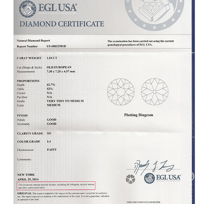 Antique Estate EGL Certified 1.54ct  Diamond Platinum  Engagement Ring
