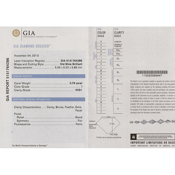 Antique GIA Certified 0.79ct Diamond Engagement Ring