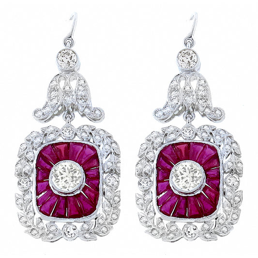 Antique Style 2.72ct Diamond 2.92ct Ruby Earrings