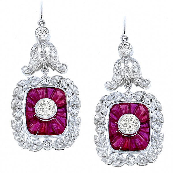 Antique Style 2.72ct Diamond 2.92ct Ruby Earrings