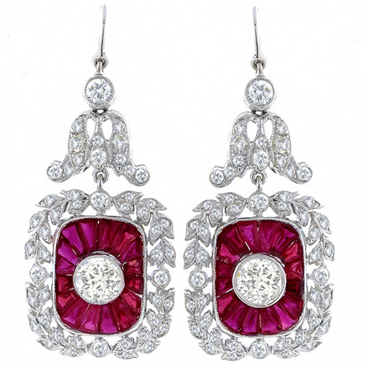 Antique Style 3.11ct Diamond 2.85ct Ruby  Earrings
