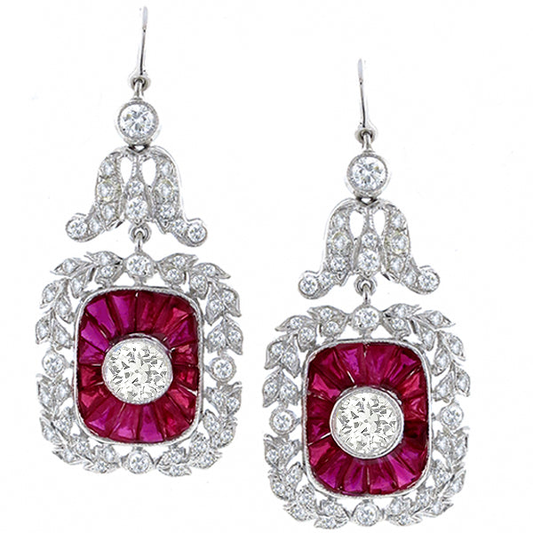 Antique Style 3.11ct Diamond 2.85ct Ruby  Earrings