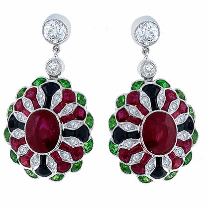 Antique Style 5.17ct Ruby 0.76ct Diamond 1.00ct Tsavorite & Onyx Earrings