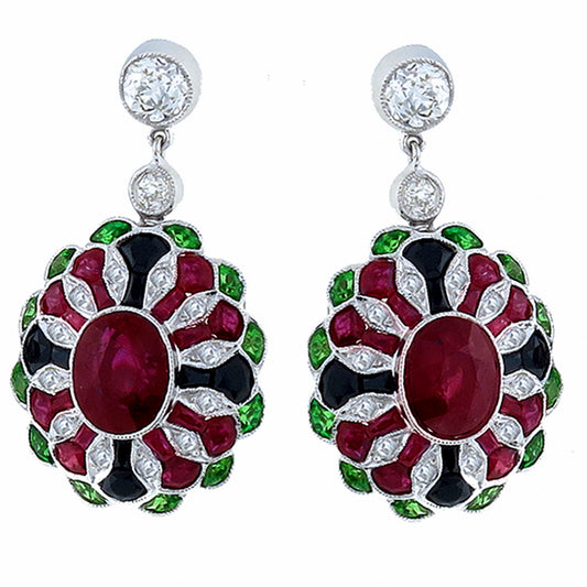 Antique Style 5.17ct Ruby 0.76ct Diamond 1.00ct Tsavorite & Onyx Earrings