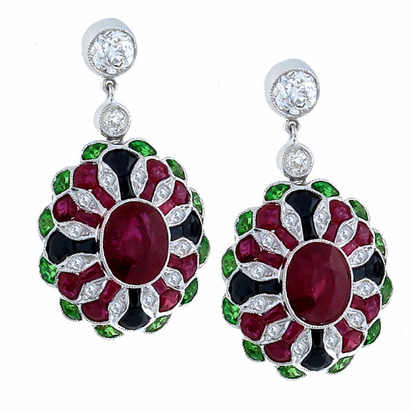 Antique Style 5.17ct Ruby 0.76ct Diamond 1.00ct Tsavorite & Onyx Earrings