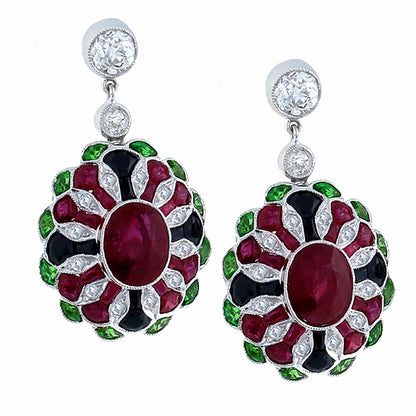 Antique Style 5.17ct Ruby 0.76ct Diamond 1.00ct Tsavorite & Onyx Earrings