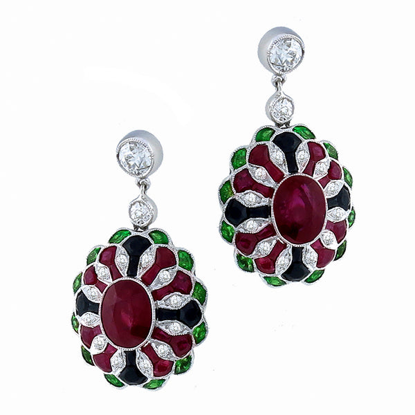 Antique Style 5.17ct Ruby 0.76ct Diamond 1.00ct Tsavorite & Onyx Earrings