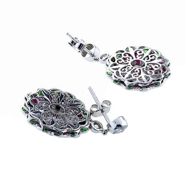 Antique Style 5.17ct Ruby 0.76ct Diamond 1.00ct Tsavorite & Onyx Earrings