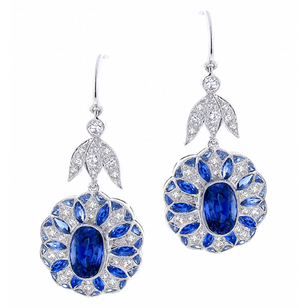 Art Deco Style 5.97ct Oval & Pear Sapphire 0.80ct Round Cut Diamond 18k Earrings
