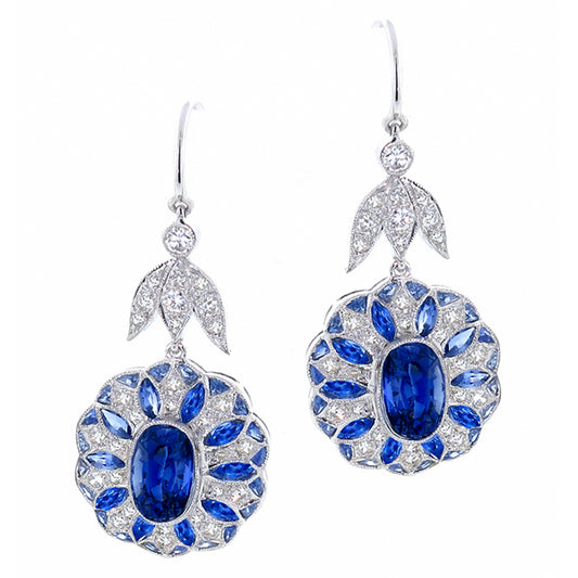 Art Deco Style 5.97ct Oval & Pear Sapphire 0.80ct Round Cut Diamond 18k Earrings