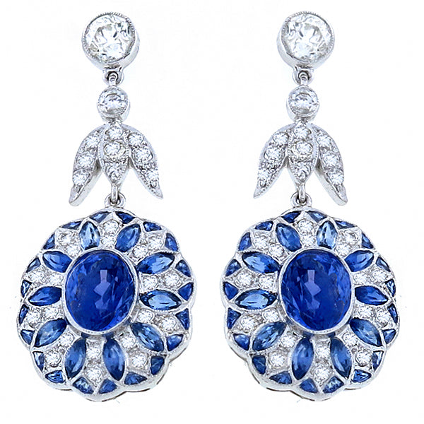 Antique Style 6.36ct Sapphire 1.58ct Diamond Earrings