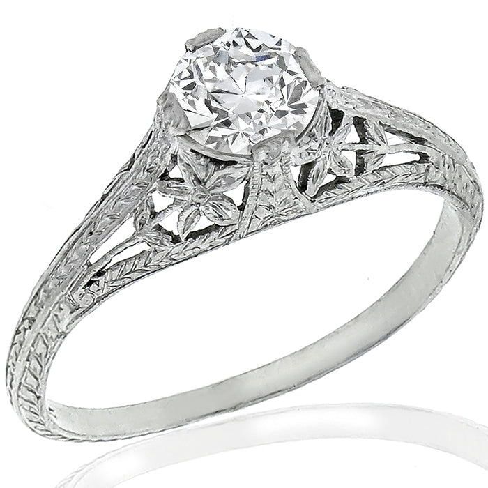 Edwardian GIA Certified 0.66ct Round Brilliant Diamond Platinum Engagement Ring