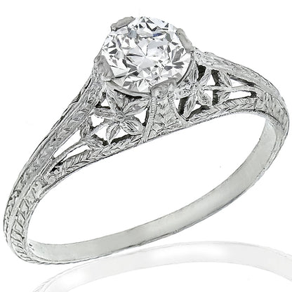 Edwardian GIA Certified 0.66ct Round Brilliant Diamond Platinum Engagement Ring