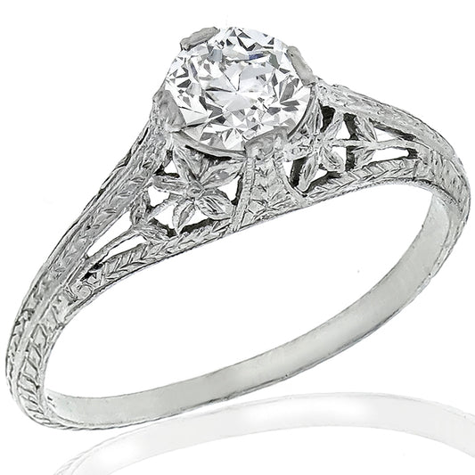 Edwardian GIA Certified 0.66ct Round Brilliant Diamond Platinum Engagement Ring