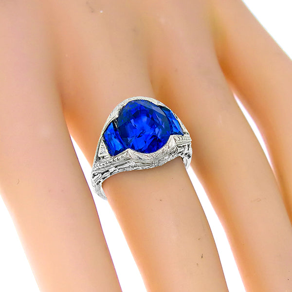 Art Deco GIA Natural No Heat Ceylon Sapphire Oval Cut 8.00ct Diamond Ring