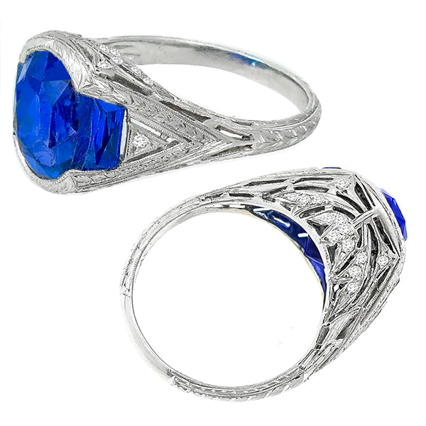 Art Deco GIA Natural No Heat Ceylon Sapphire Oval Cut 8.00ct Diamond Ring