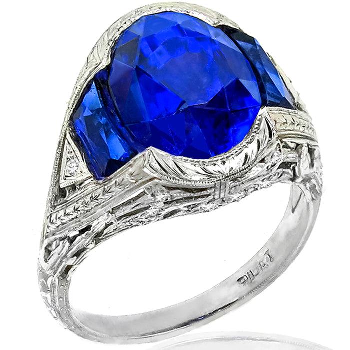 Art Deco GIA Natural No Heat Ceylon Sapphire Oval Cut 8.00ct Diamond Ring