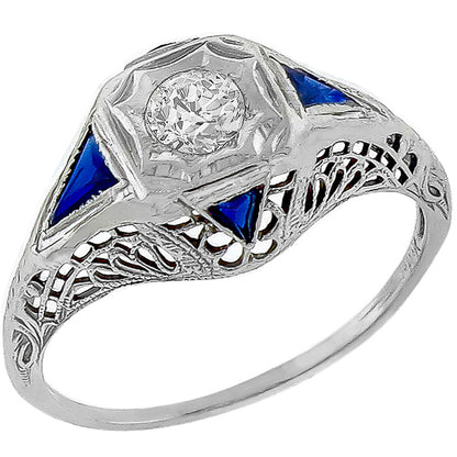Art Deco 0.35ct Old Mine Cut Diamond Sapphire 18k White Gold Engagement Ring
