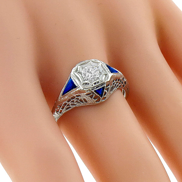 Art Deco 0.35ct Old Mine Cut Diamond Sapphire 18k White Gold Engagement Ring