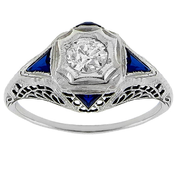 Art Deco 0.35ct Old Mine Cut Diamond Sapphire 18k White Gold Engagement Ring