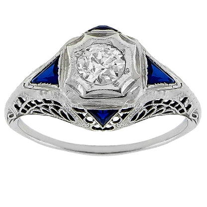 Art Deco 0.35ct Old Mine Cut Diamond Sapphire 18k White Gold Engagement Ring