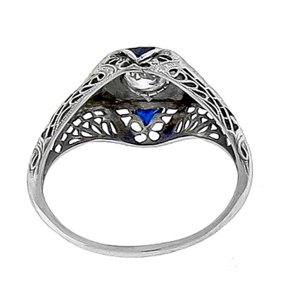 Art Deco 0.35ct Old Mine Cut Diamond Sapphire 18k White Gold Engagement Ring