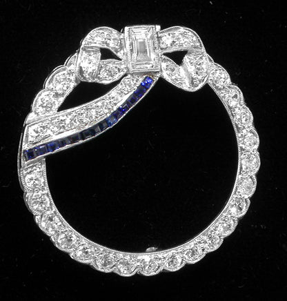 Art Deco 0.50ct Rectangular  Diamond & Sapphire Platinum Round Bow Pin/ Pendant