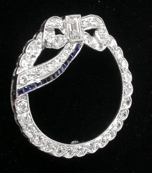 Art Deco 0.50ct Rectangular  Diamond & Sapphire Platinum Round Bow Pin/ Pendant