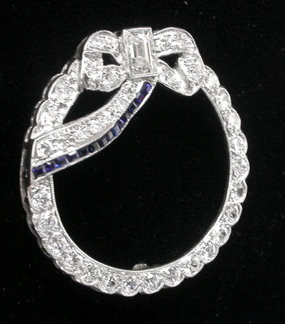Art Deco 0.50ct Rectangular  Diamond & Sapphire Platinum Round Bow Pin/ Pendant